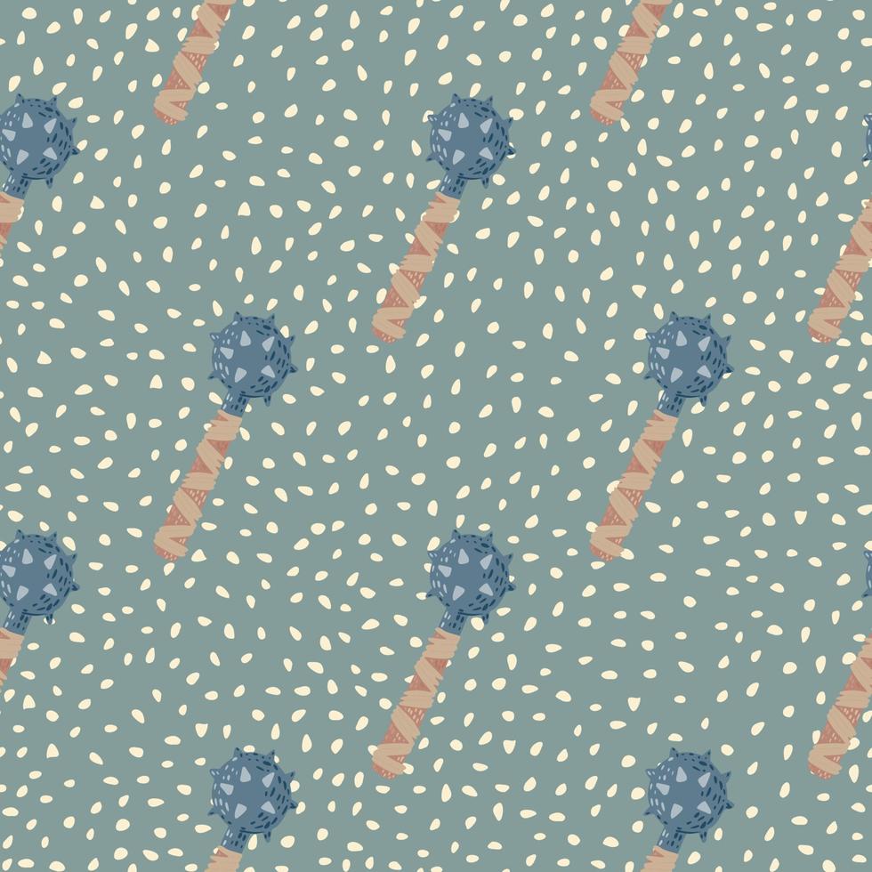 Pastel palette seamless doodle pattern with stylized flail mace shapes. Blue and beige colored weapon on green dotted background. vector