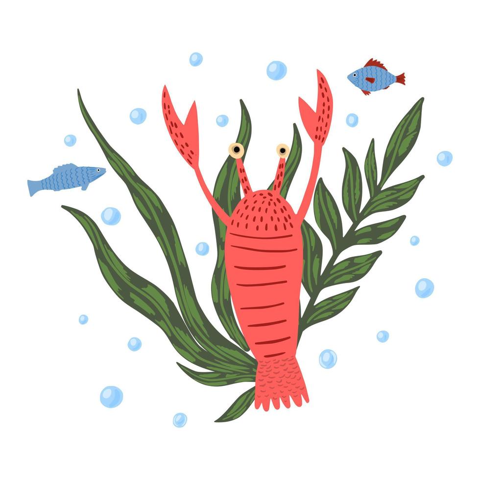 Composition crayfish with fish and seaweed isolated on white background. Cartoon cute red color in doodle. vector