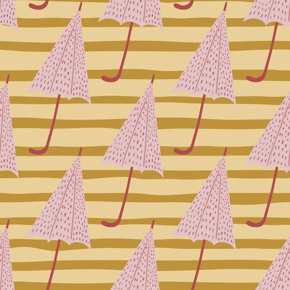 Pink dotted umbrella ornament seamless pattern. Orange and yellow pastel colored striped background. vector