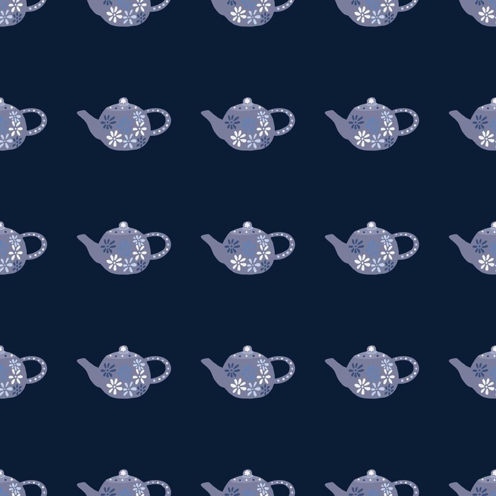 Seamless pattern with doodle blue teapots silhouettes. Dark navy background print. vector