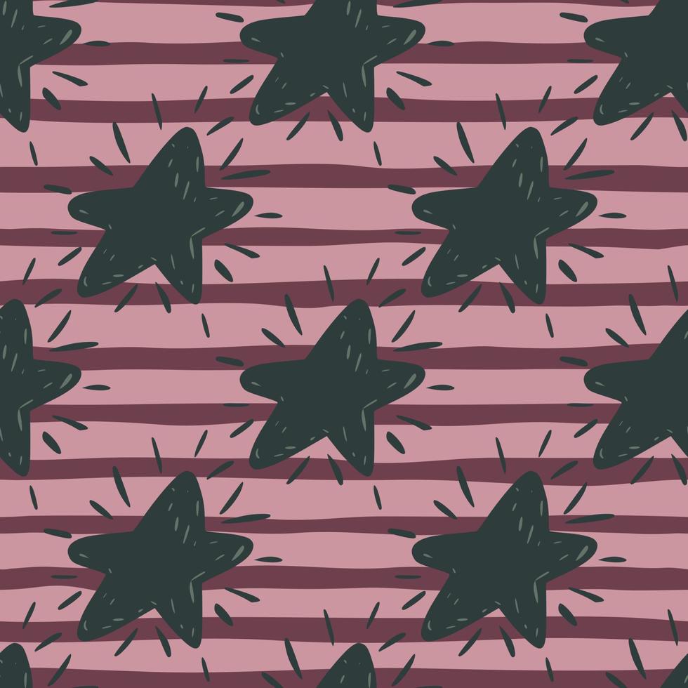 Dark hand drawn star silhouttes seamless pattern. Striped background with lilac and violet lines. vector