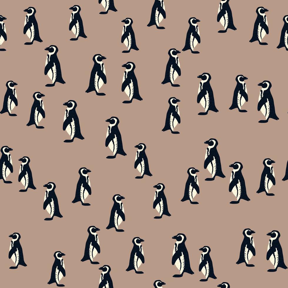 Abstract animal arctic seamless pattern with doodle penguin silhouettes. Beige background. vector