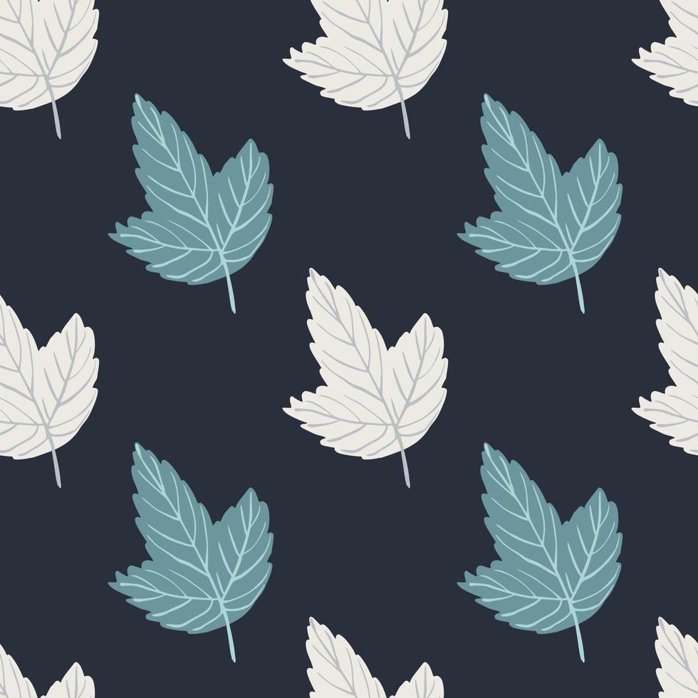 Abstract simple seamless pattern wih blue and white outline leaves. Navy blue dark background. vector