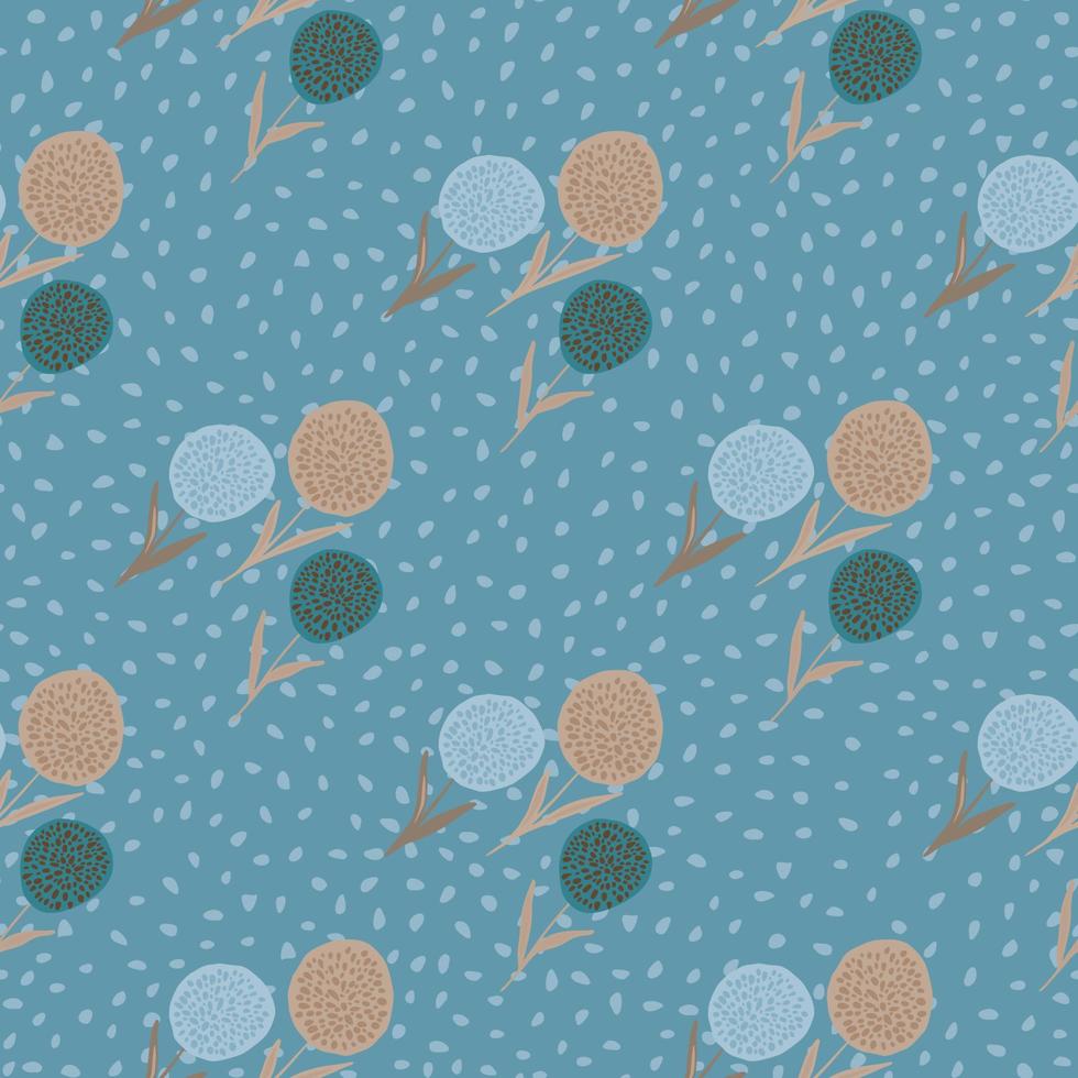 Hand drawn abstract seamless pattern with floral dandelion silhouettes. Blue background with dots. Endless backdrop. vector