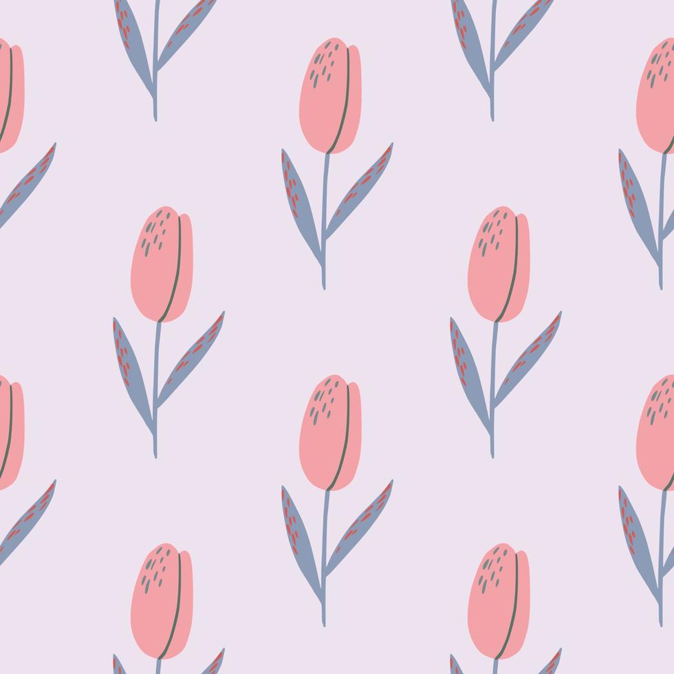 Pale tulip flower silhouettes seamless pattern. Pink colored floral buds and blue stems on pale background. vector