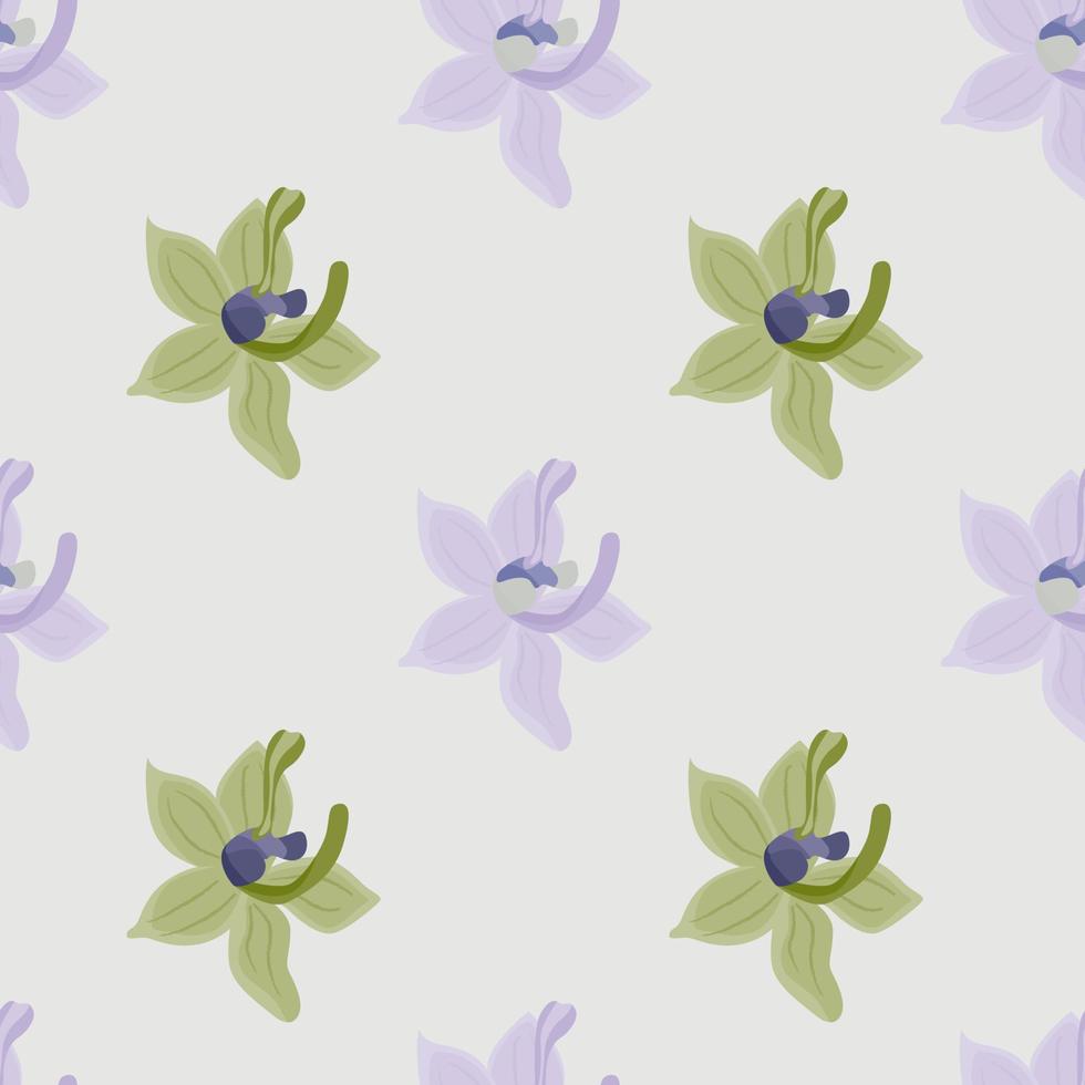 Tropic floral seamless pattern with green orchid flowers print. Light grey background. Simple style. vector