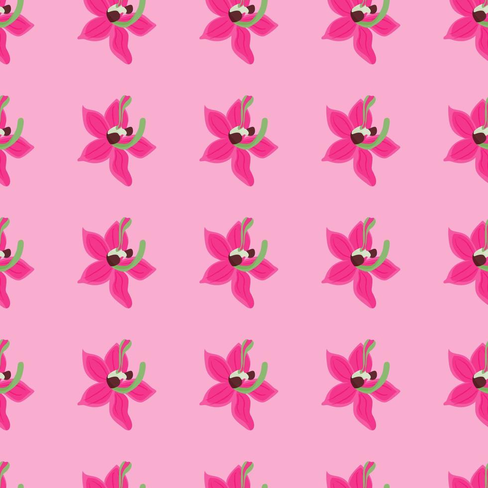 Bright summer seamless pattern with pink orchid flowers elements. Pastel background. Hand drawn print. vector