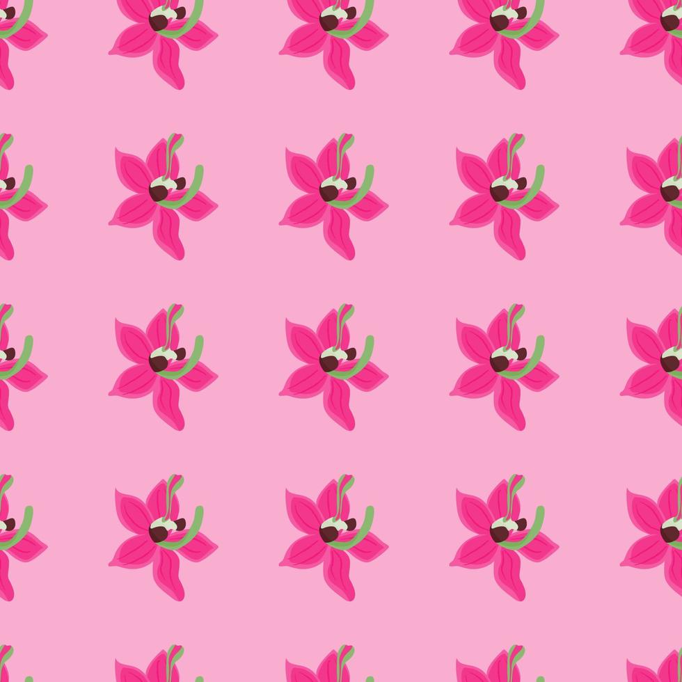 Bright summer seamless pattern with pink orchid flowers elements. Pastel background. Hand drawn print. vector