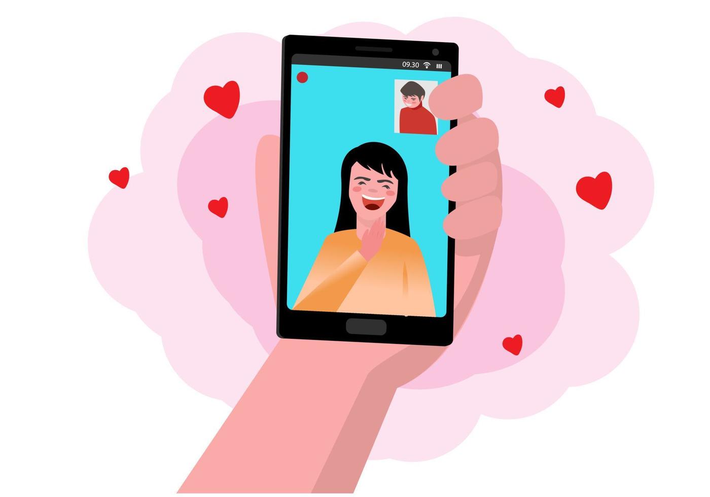 Haz videollamadas con tus seres queridos a través de tu smartphone. el concepto de amor a distancia a través de la tecnología. vector