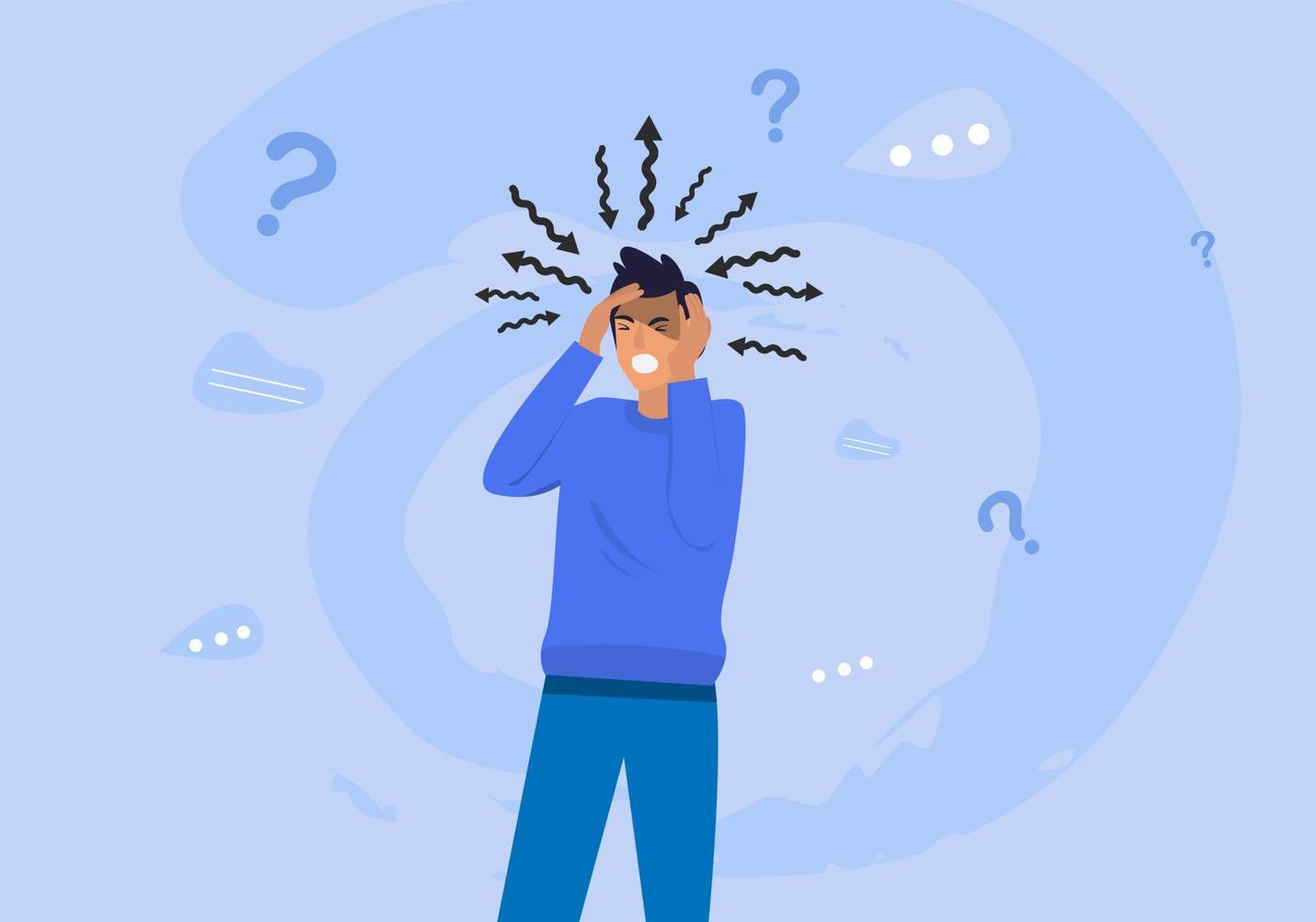 Men frustrated with nervous problems feel anxious and confused thoughts, vector flat illustration