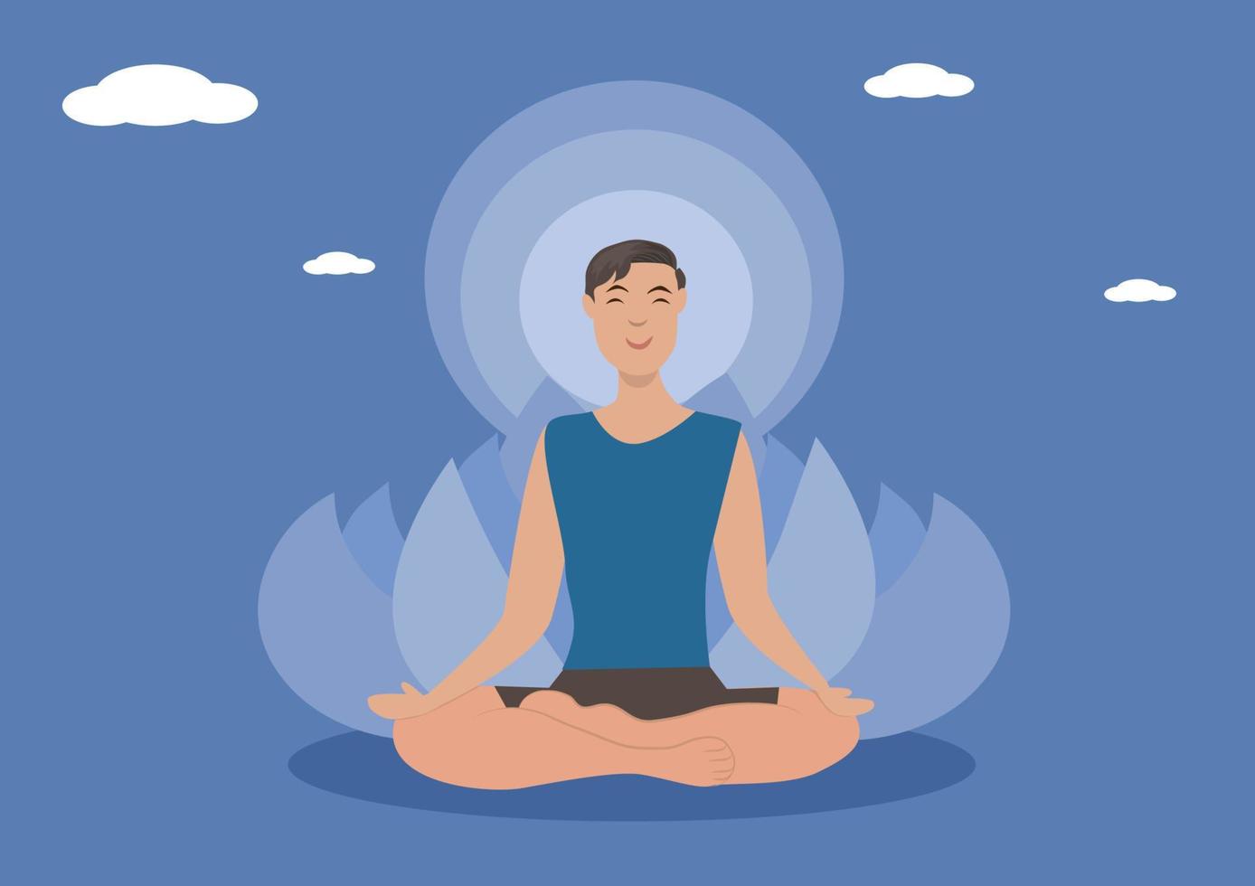 The calm male characters get from meditating. to bring peace and wisdom, vector illustration