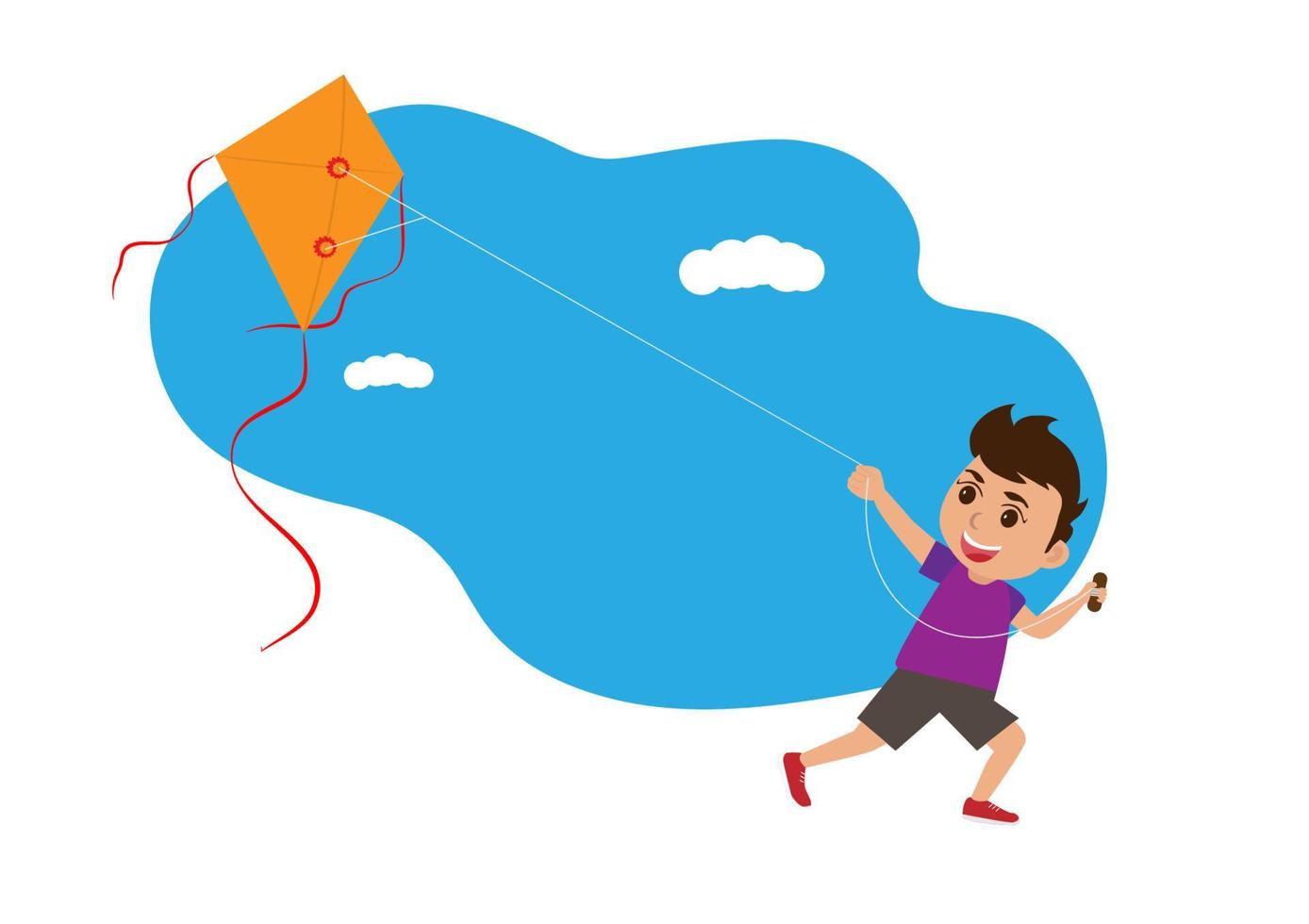 Cute child. Run a kite in the sky. Vector Flat Cartoon Illustration.