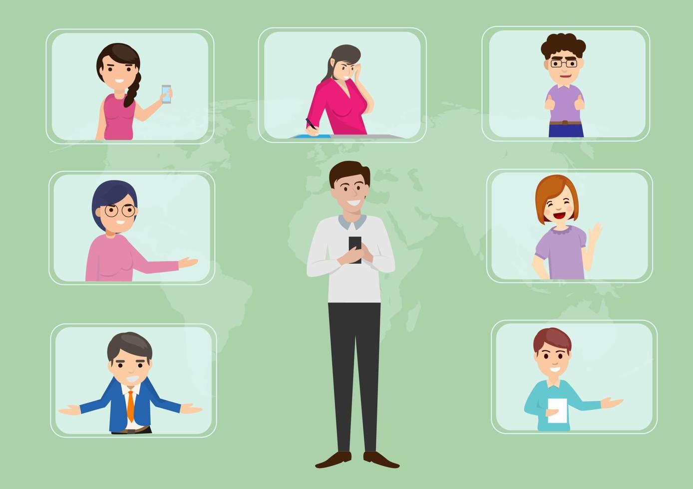 Vector concept of online communication In meetings, video calls, chat with various colleagues.