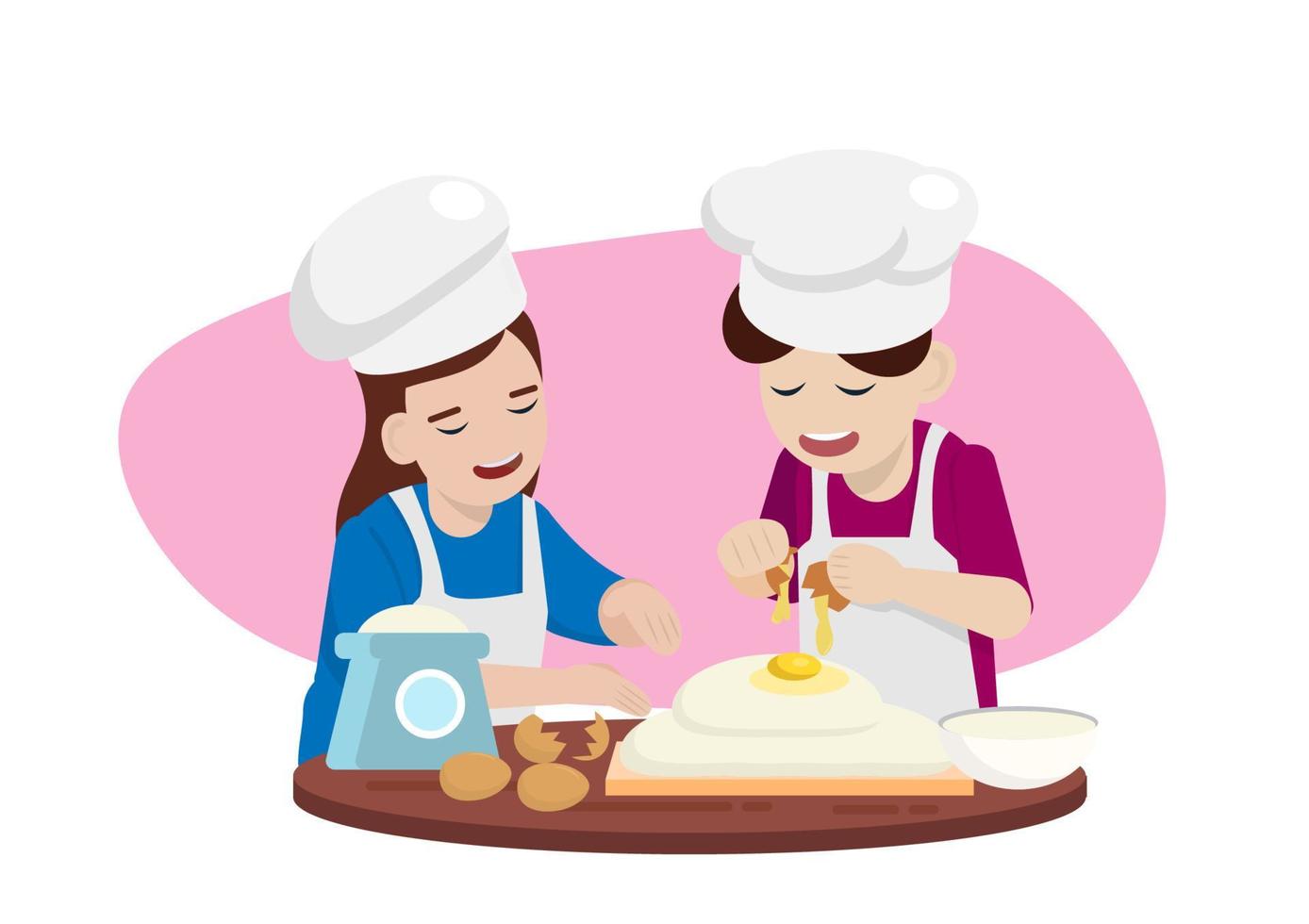 Smiles of men and women Who are making a cake.Have fun baking, cooking or baking. Lovely couples are enjoying their hobbies together. Cartoon flat colorful vector picture