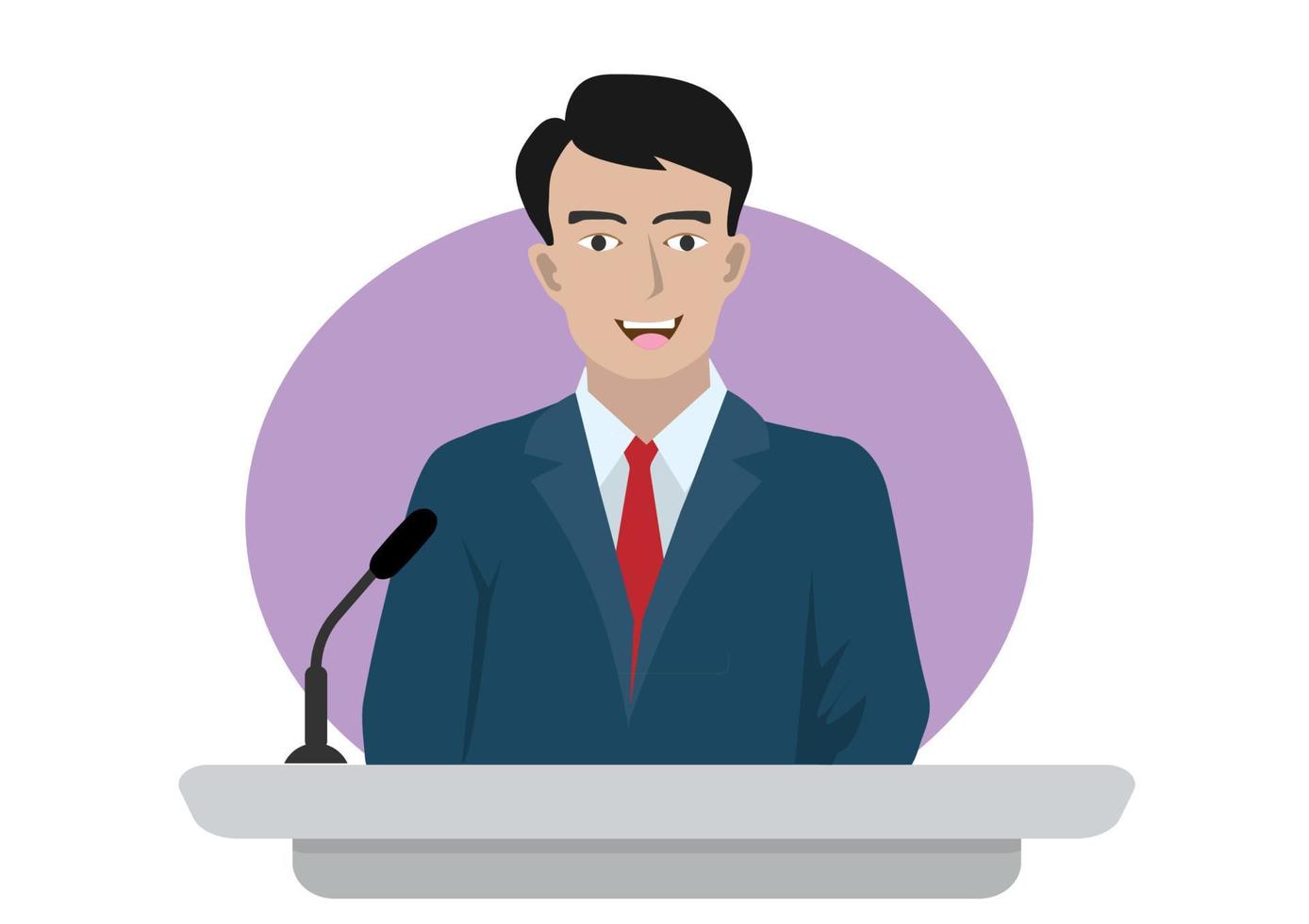 The lecturer stands behind the rostrum. The speaker lectures and gestures. A young politician speaks to the public. Flat cartoon illustration. vector