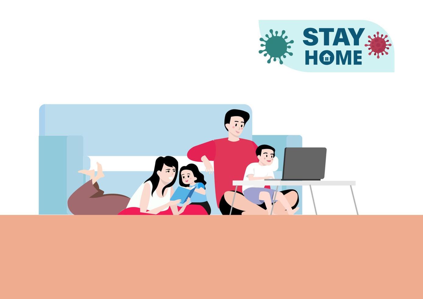 la familia feliz en casa, la madre, el padre, el hijo y las hijas están a salvo y evitan la propagación del coronavirus en el hogar, la comunicación entre padres e hijos. vector de ilustración plana