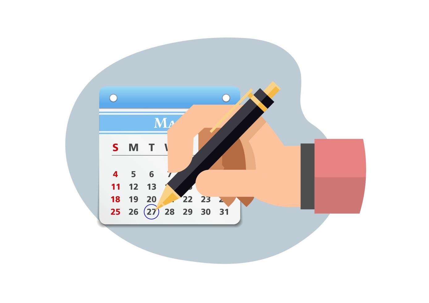 Hand with pen mark calendar. Vector flat illustration