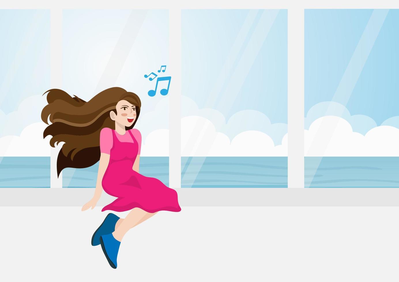 A picture of a beautiful woman singing and smiling happily while relaxing in the resort. By the window of the hotel. With sea view during vacation vector illustration in flat cartoon style
