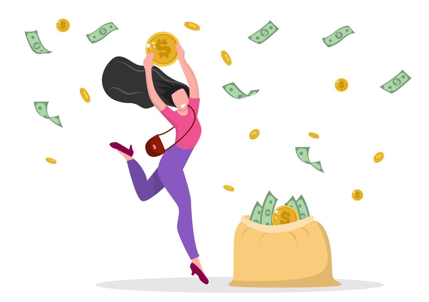 las mujeres felices reciben efectivo, las personas que ahorran dinero obtienen ganancias o ilustraciones de vectores de altos ingresos, ganan dinero, finanzas, concepto de éxito. vector de ilustración de dibujos animados de estilo plano