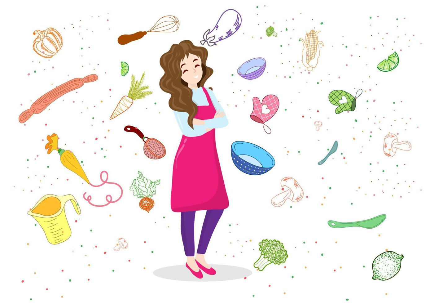 una mujer joven diseña un menú con objetos y utensilios de cocina en el fondo. vector de ilustración de dibujos animados de estilo plano