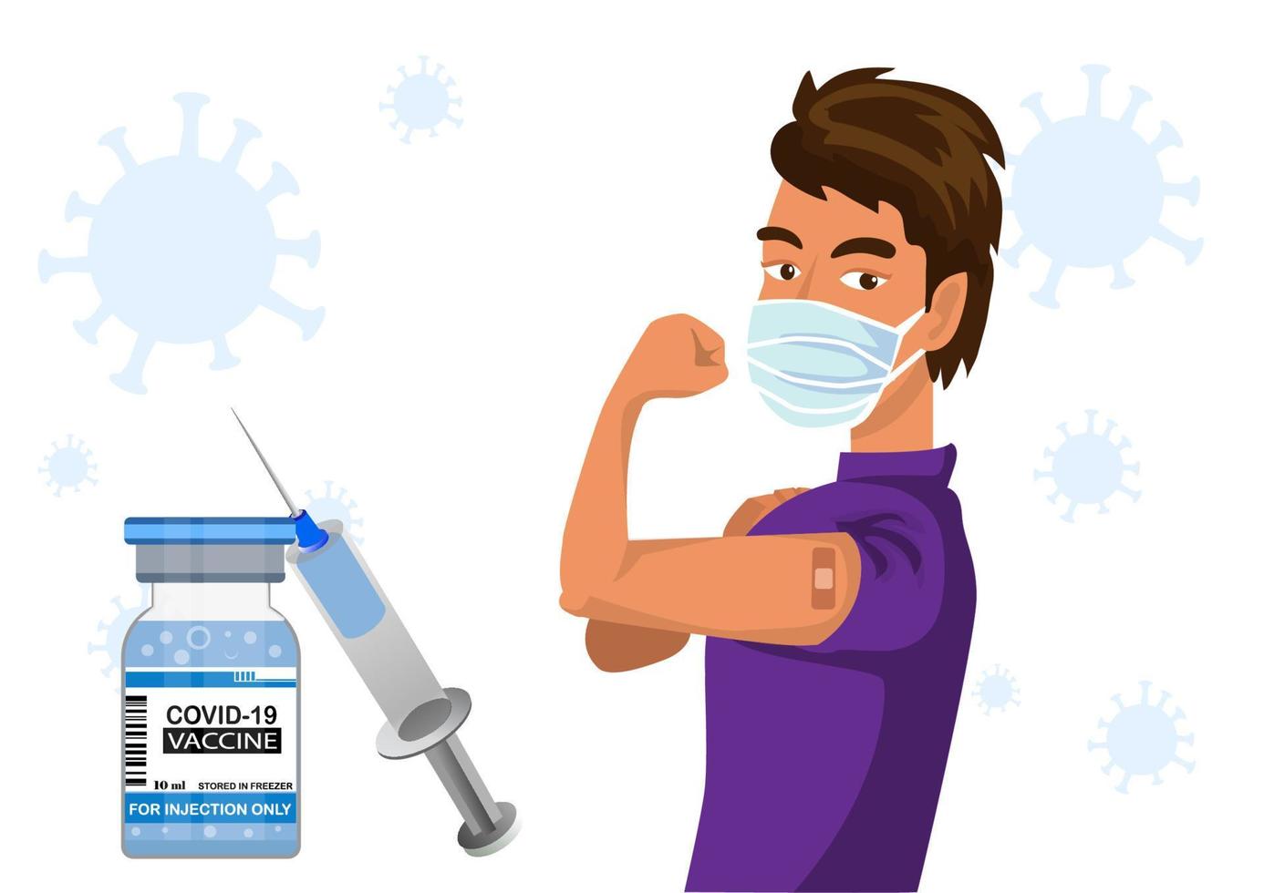 Man showing coronavirus immunization vaccination arm, vaccine distribution for the general population. Flat style cartoon illustration vector