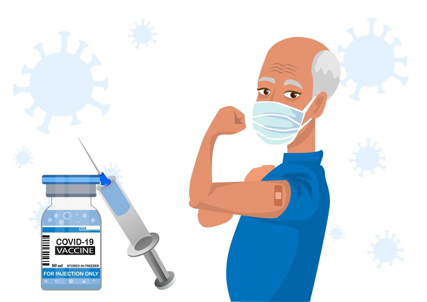 old  Man Showing the coronavirus vaccination arm, distributing the vaccine for the general population. flat style cartoon illustration vector