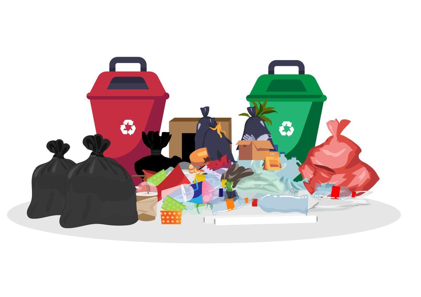 many garbage bags Plastic waste on the sidewalk, a lot of plastic garbage bags. Paper boxes, garbage bottles and glass plastic tubes. flat style cartoon illustration vector