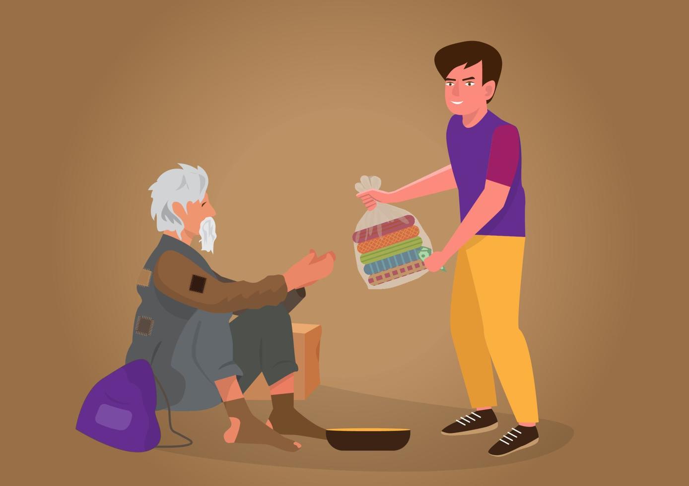 un joven amable dona dinero y ropa en bolsas de plástico a las personas sin  hogar y los pobres. vector de ilustración de dibujos animados de estilo  plano 5611095 Vector en Vecteezy