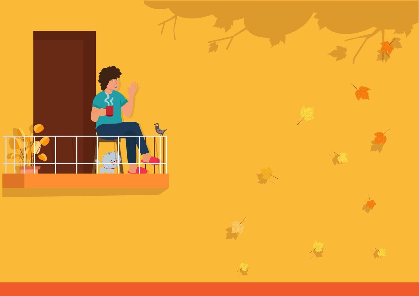 handsome young man sipping tea on the balcony in autumn happily with his cat. Flat style cartoon illustration vector