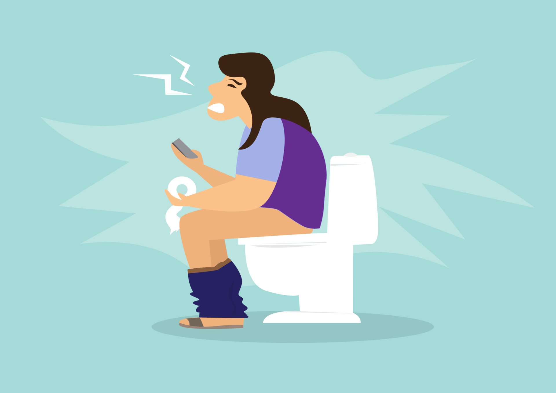 woman sitting on toilet with stomach pain and diarrhea with a phone and