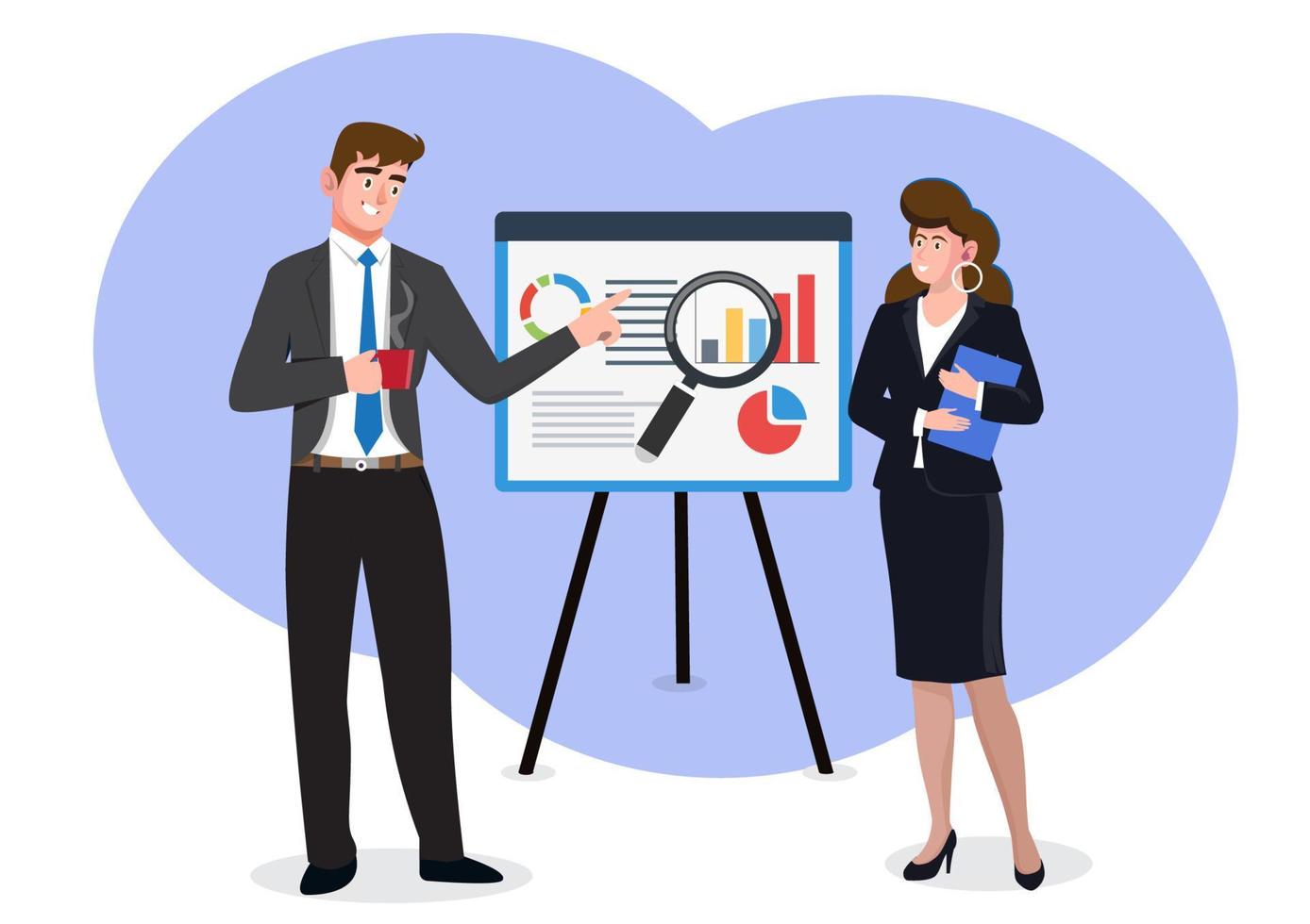 Young man and woman showing initial business plan presentation on framed card. modern colorful flat style cartoon vector illustration