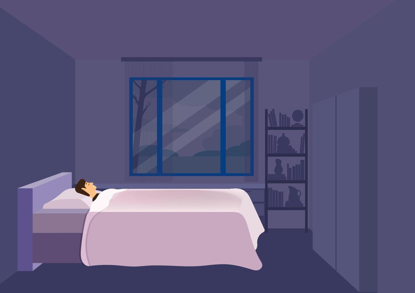 Tired man sleeping in his bedroom. Rest concept. Flat design vector illustration.