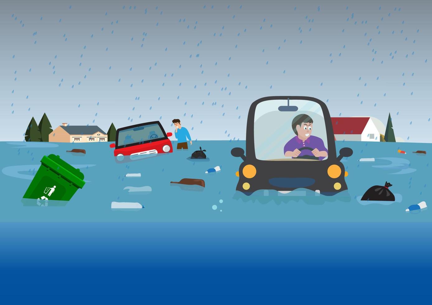 City floods cause cars and garbage to float on the water. The male character in the car is shocked. trying to help yourself cartoon illustration flat style vector