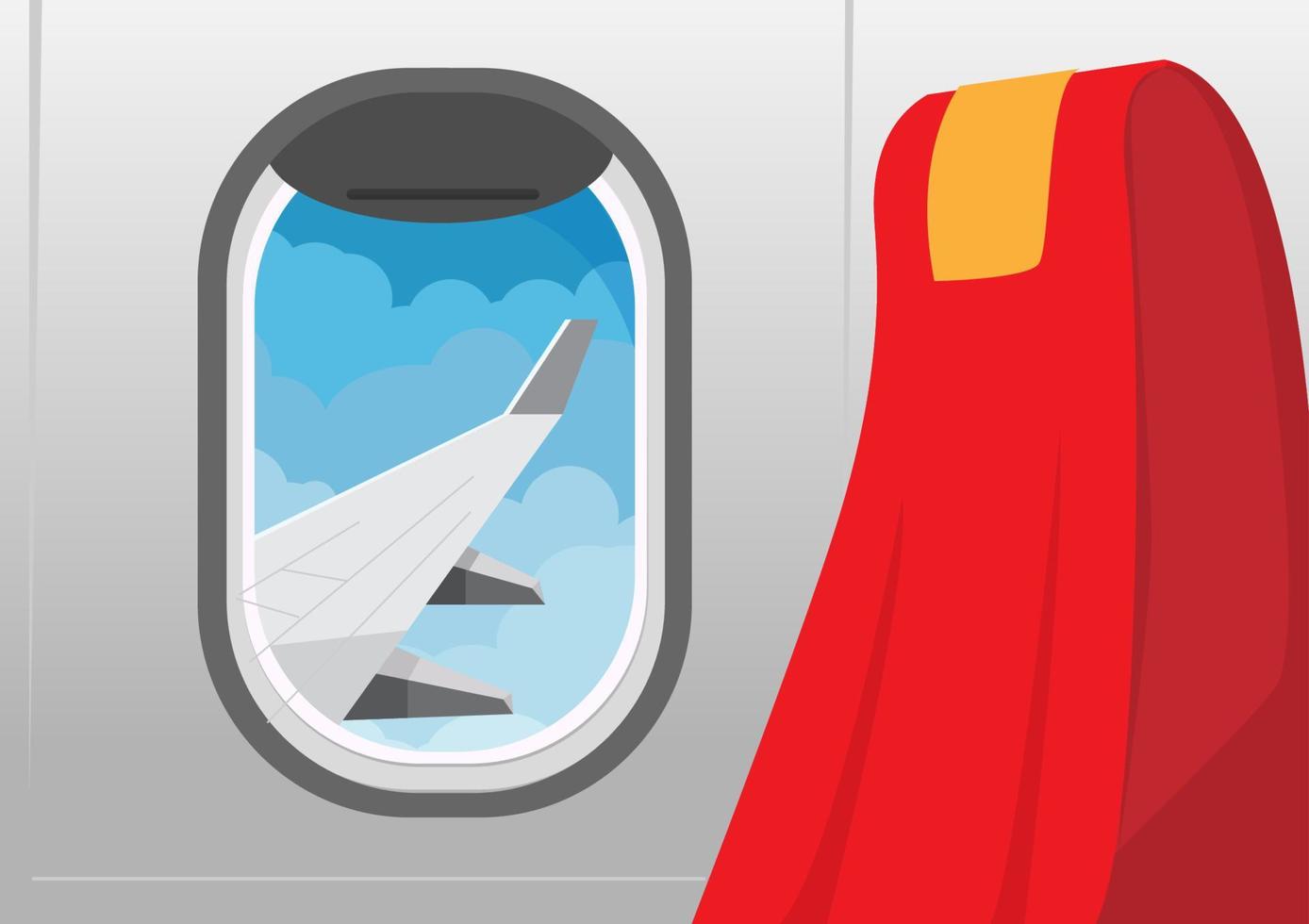 view from plane, window, passenger seat plane travel. flat style cartoon vector illustration