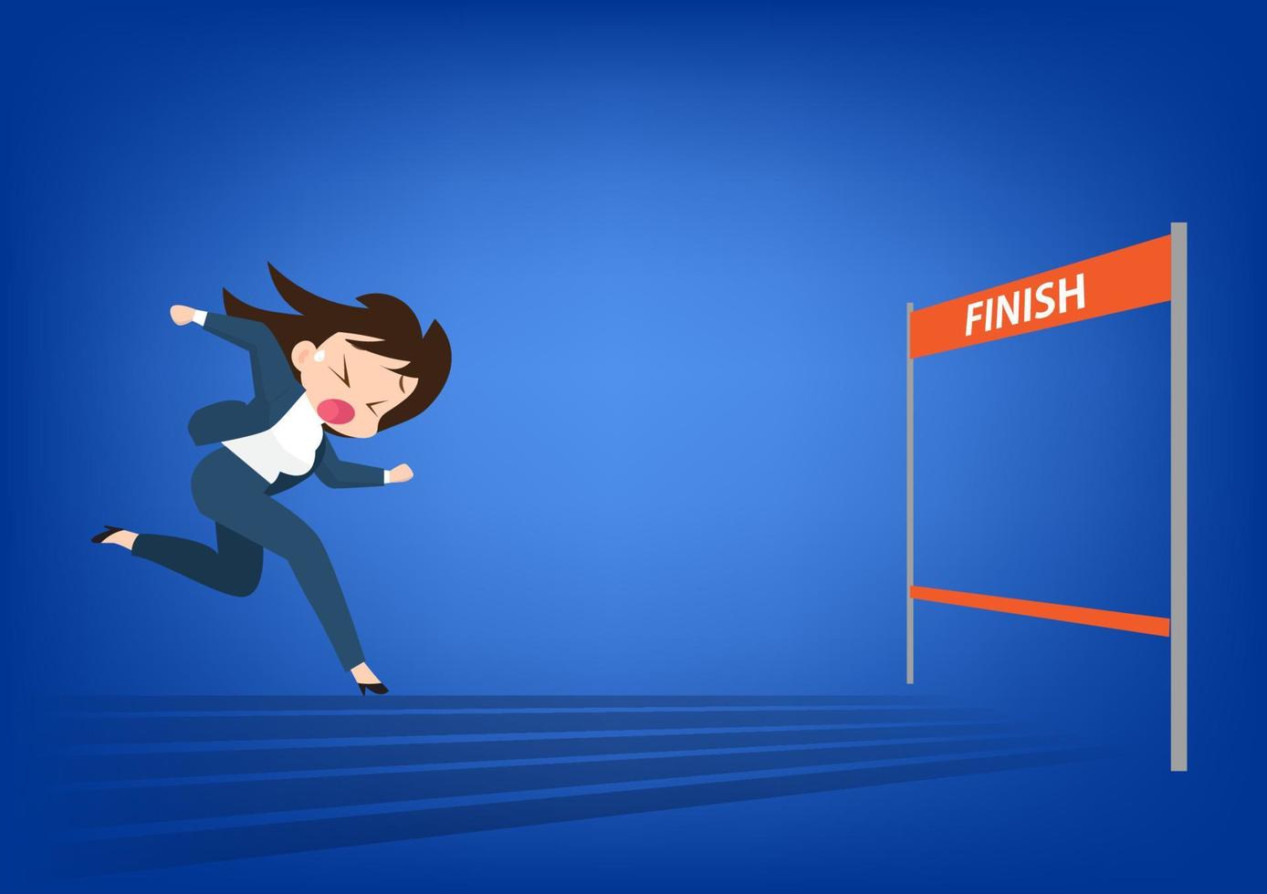 Business women and cartoon characters run with all their might to reach the finish line with great exhaustion. flat style cartoon vector illustration