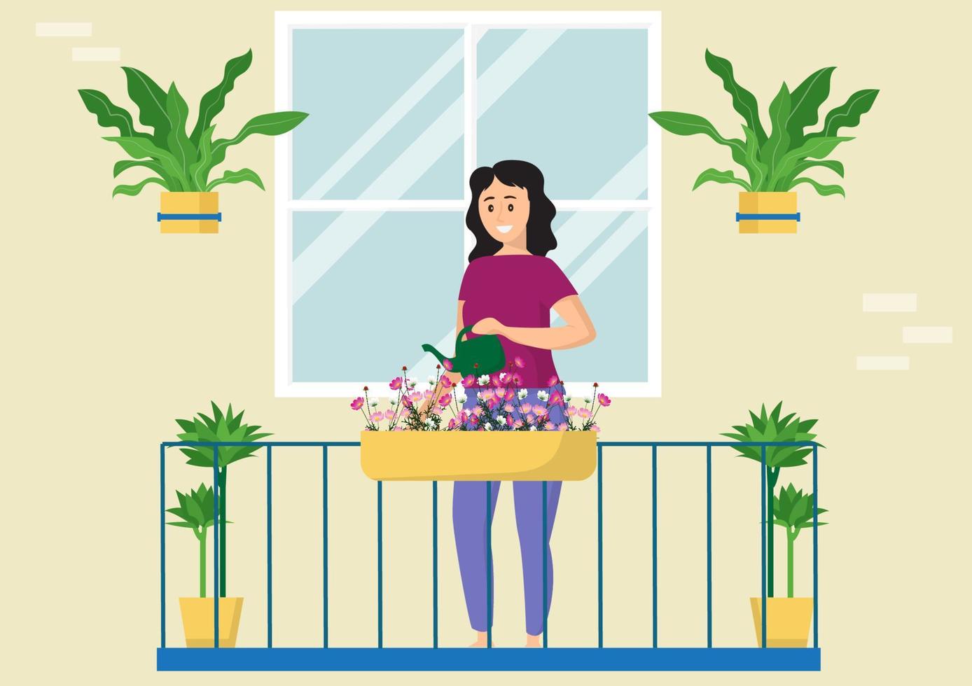 una chica sonriente con ropa informal sostiene una lata de agua y plantas de agua en el interior, en el balcón o en la habitación. flores interiores modernas en macetas. vector de ilustración de dibujos animados de estilo plano