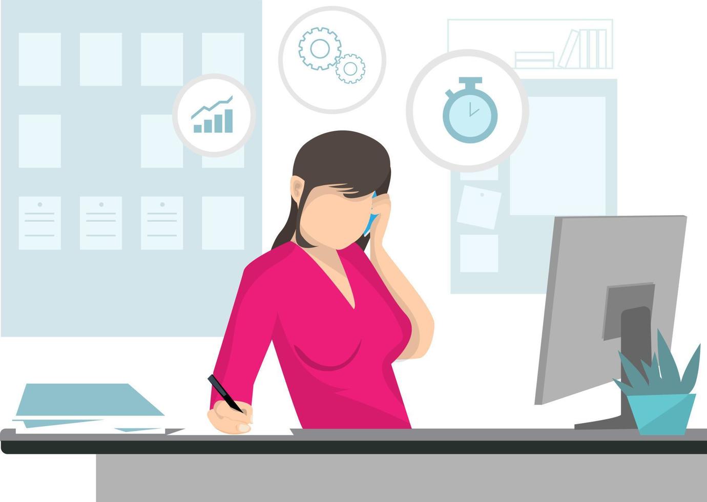 Vector cartoon flat illustration of asian business woman working at office on desk in room Talking on the phone with clients for services or consulting about finance and investment using a computer.