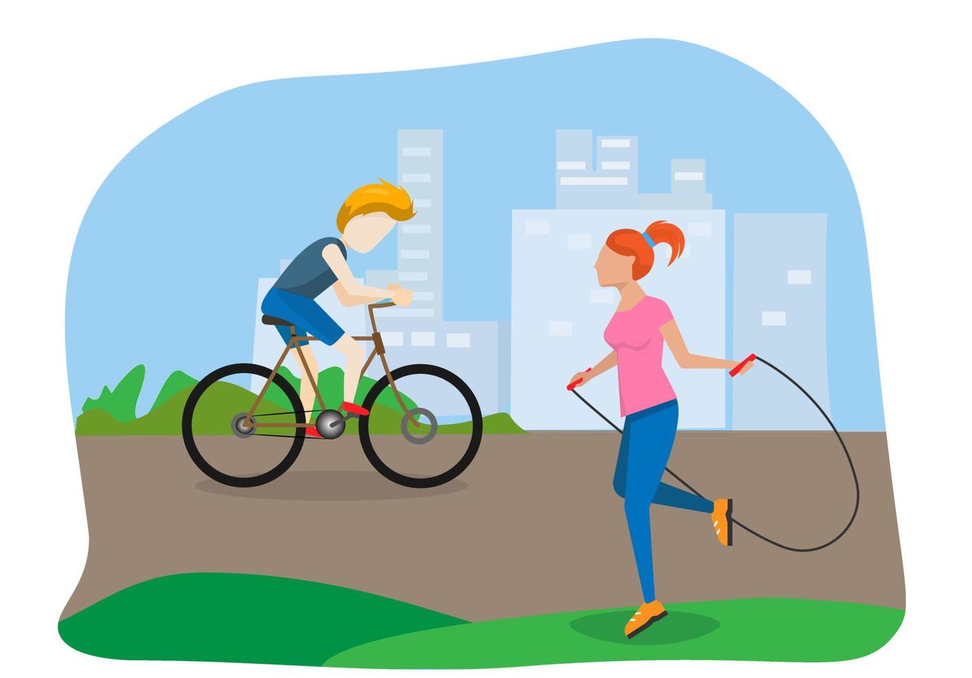 A man riding a bicycle A young woman doing a rope skipping exercise Live in an eco-friendly city vector