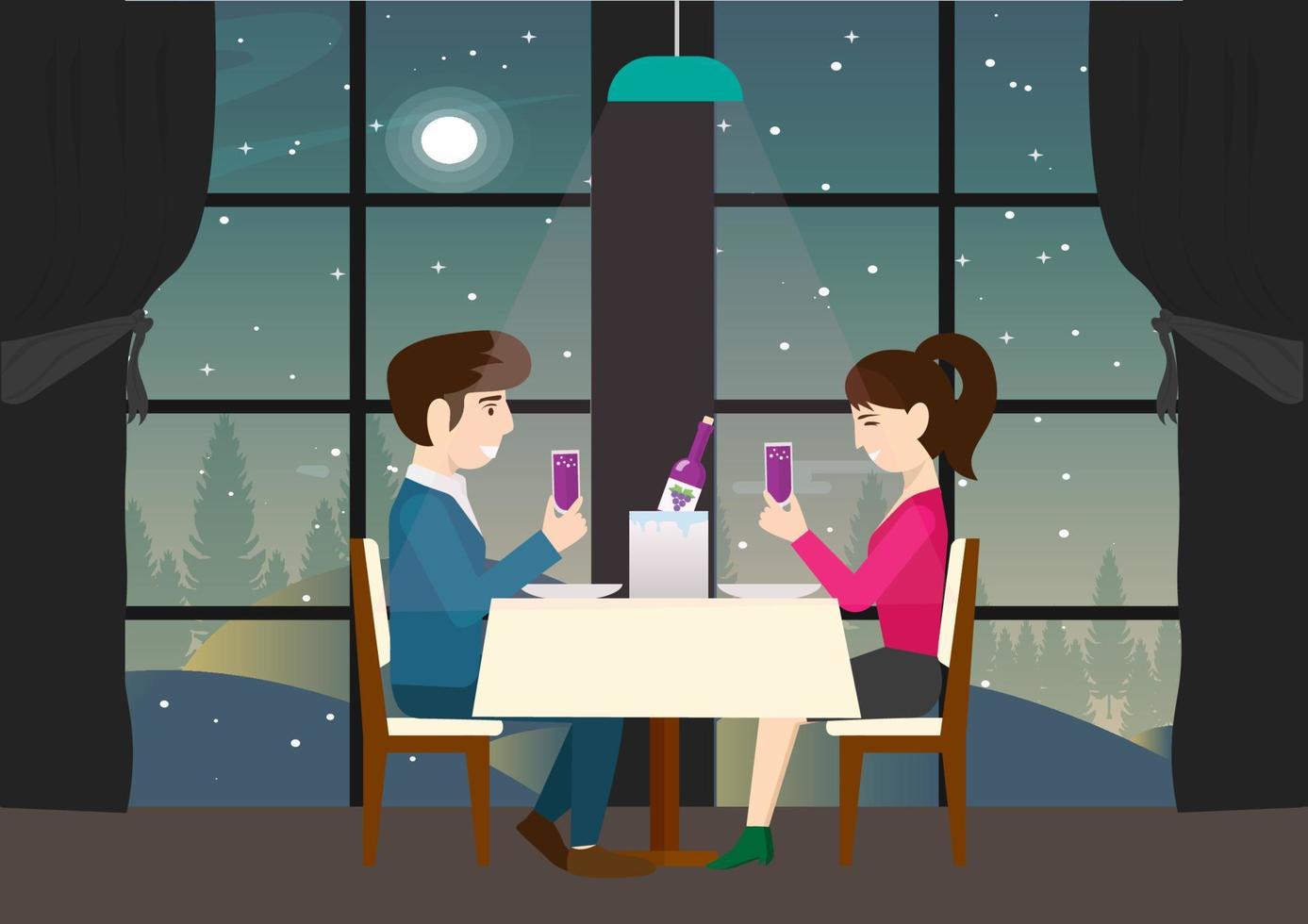 pareja romántica saliendo con una cena masculina invita a las mujeres a beber vino de uva en la mesa del comedor en la habitación oscura junto a la ventana con vistas a la luna en el cielo nocturno. ilustración vectorial de dibujos animados vector