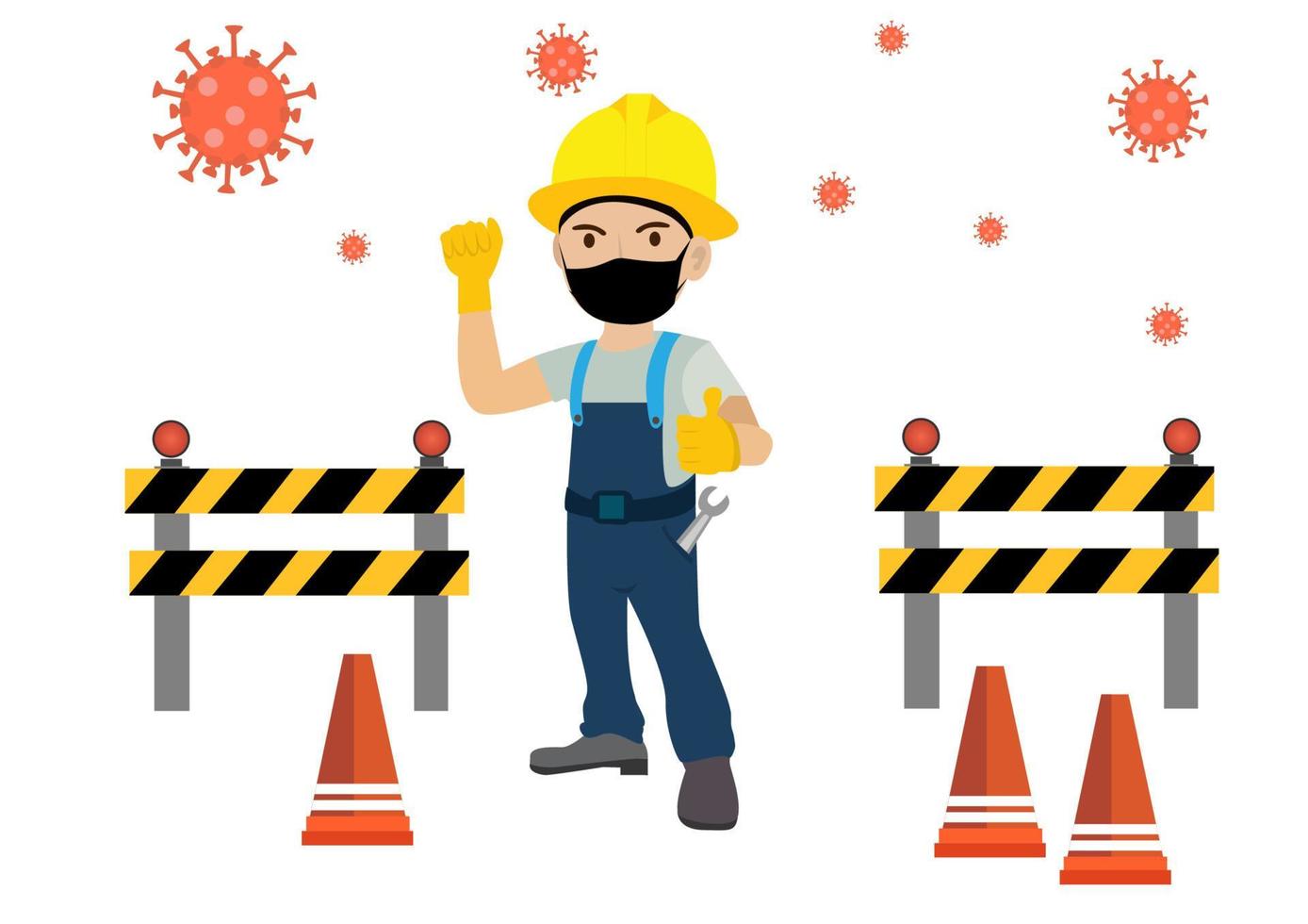 Construction workers have to prevent the spread of coronavirus by wearing masks. Under construction vector