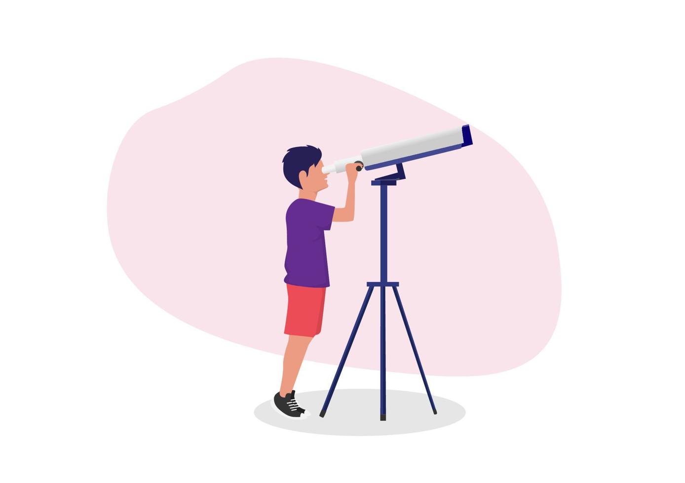 Boy character studying the stars through a telescope kids hobby or creative activity cartoon vector illustration