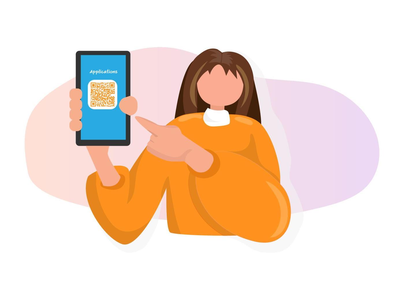 Young woman showing a QR-code on her mobile phone. Which will connect Her account instantly. Flat style cartoon illustration vector