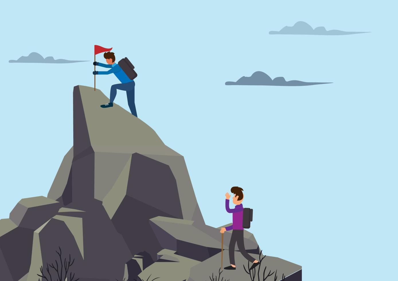 A business man climbing the mountain and put a red flag on the cliff. Business financial success overcome obstacles Leadership. Cartoon vector illustration