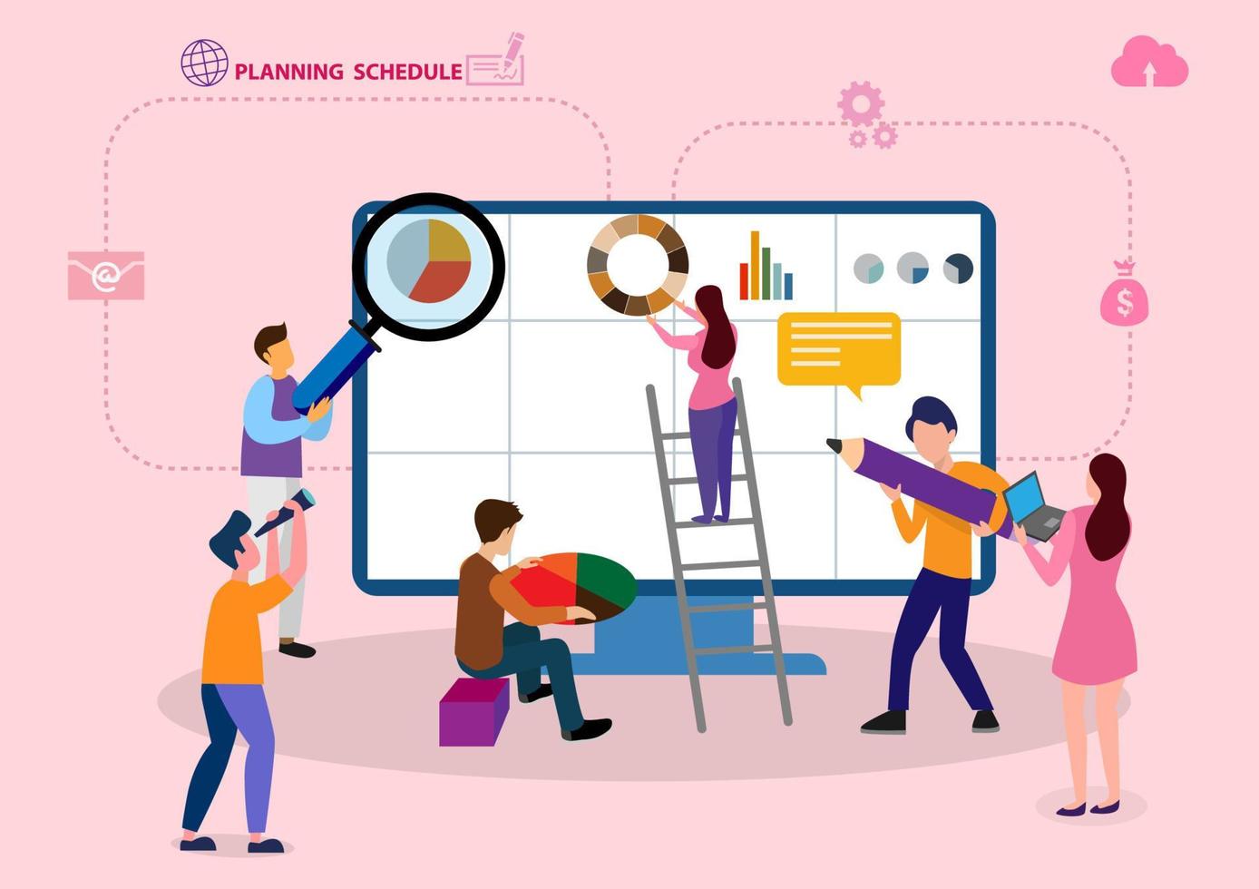 Chedule planning insert team daily work schedule. Flat style cartoon illustration vector