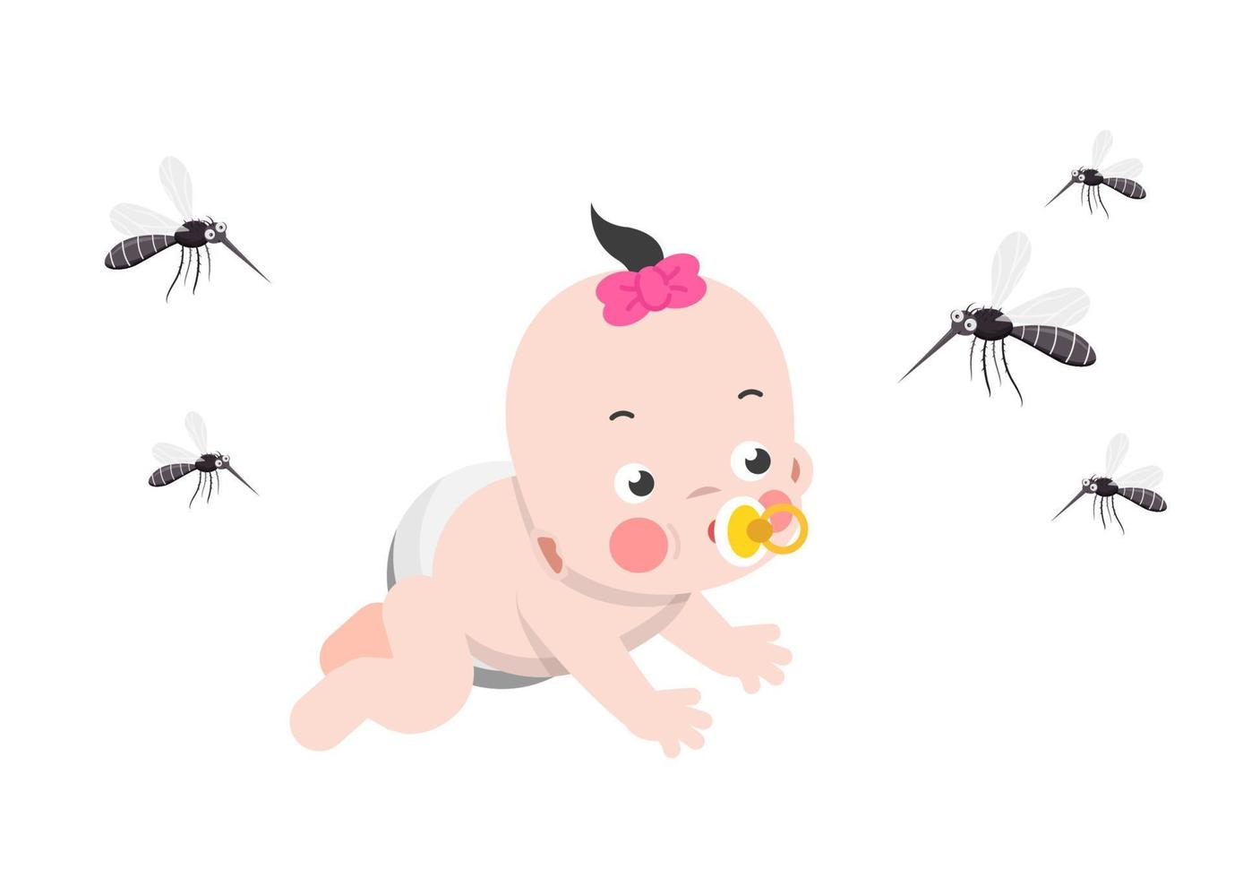 en la casa y en el dormitorio con los niños hay que tener cuidado con los mosquitos que transmiten el dengue. vector de ilustración de dibujos animados de estilo plano