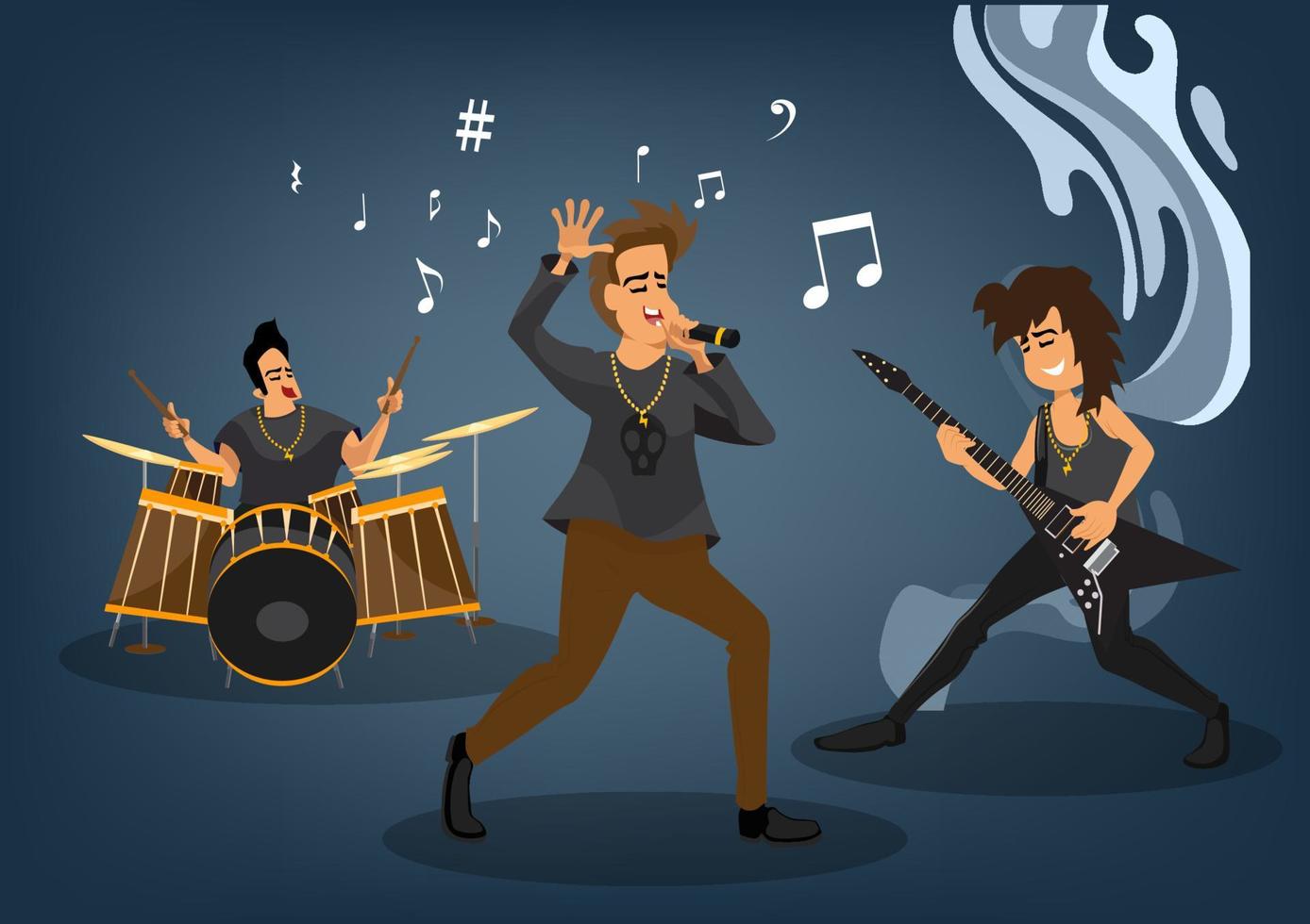 Guitarists, drummers, singers, characters happily perform their music in rock music. Flat style cartoon illustration vector