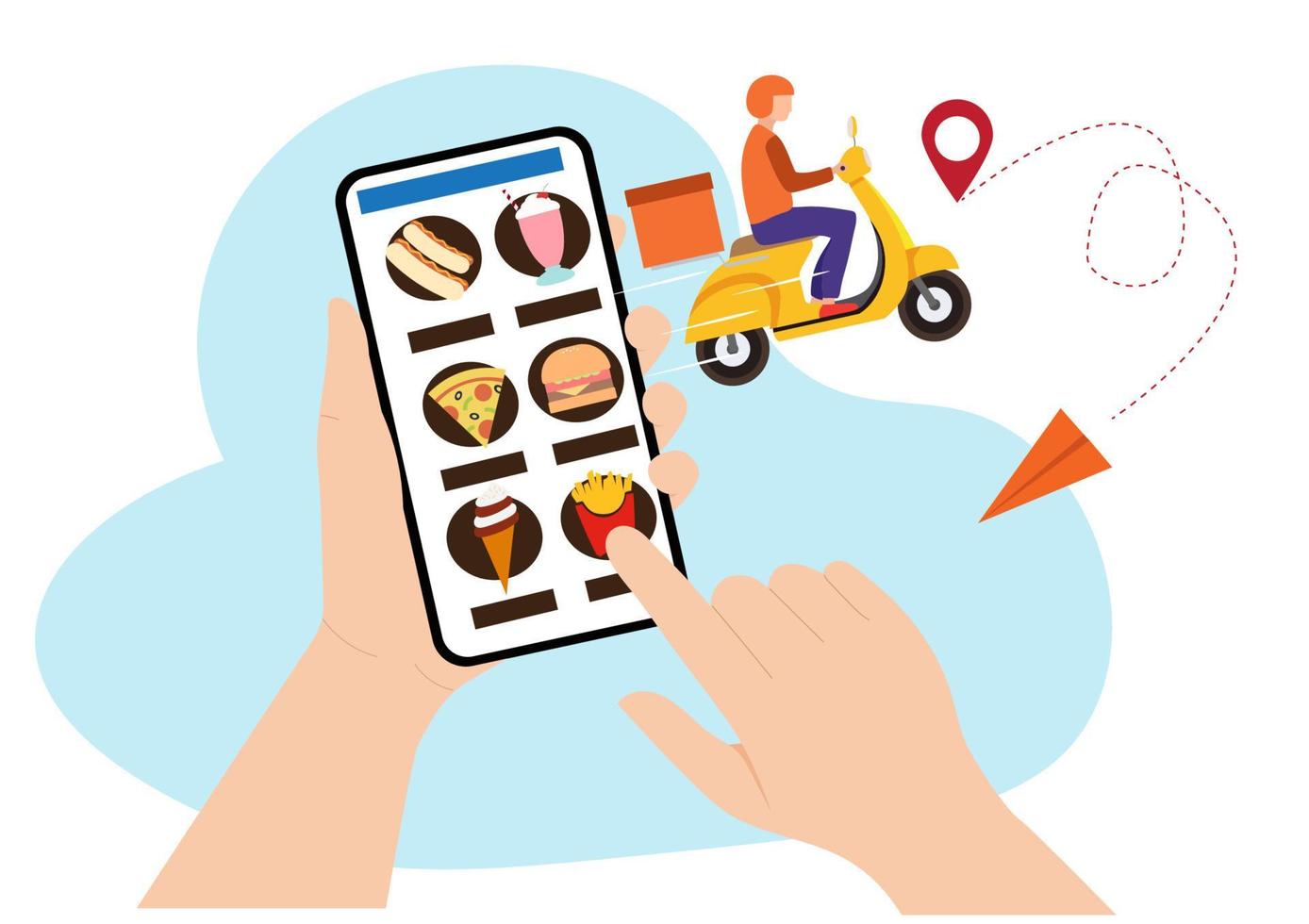 teléfono inteligente móvil con aplicación de entrega de alimentos pedir comida en línea. diseño gráfico de datos creativos modernos en el vector de ilustración de dibujos animados de estilo plano de aplicación
