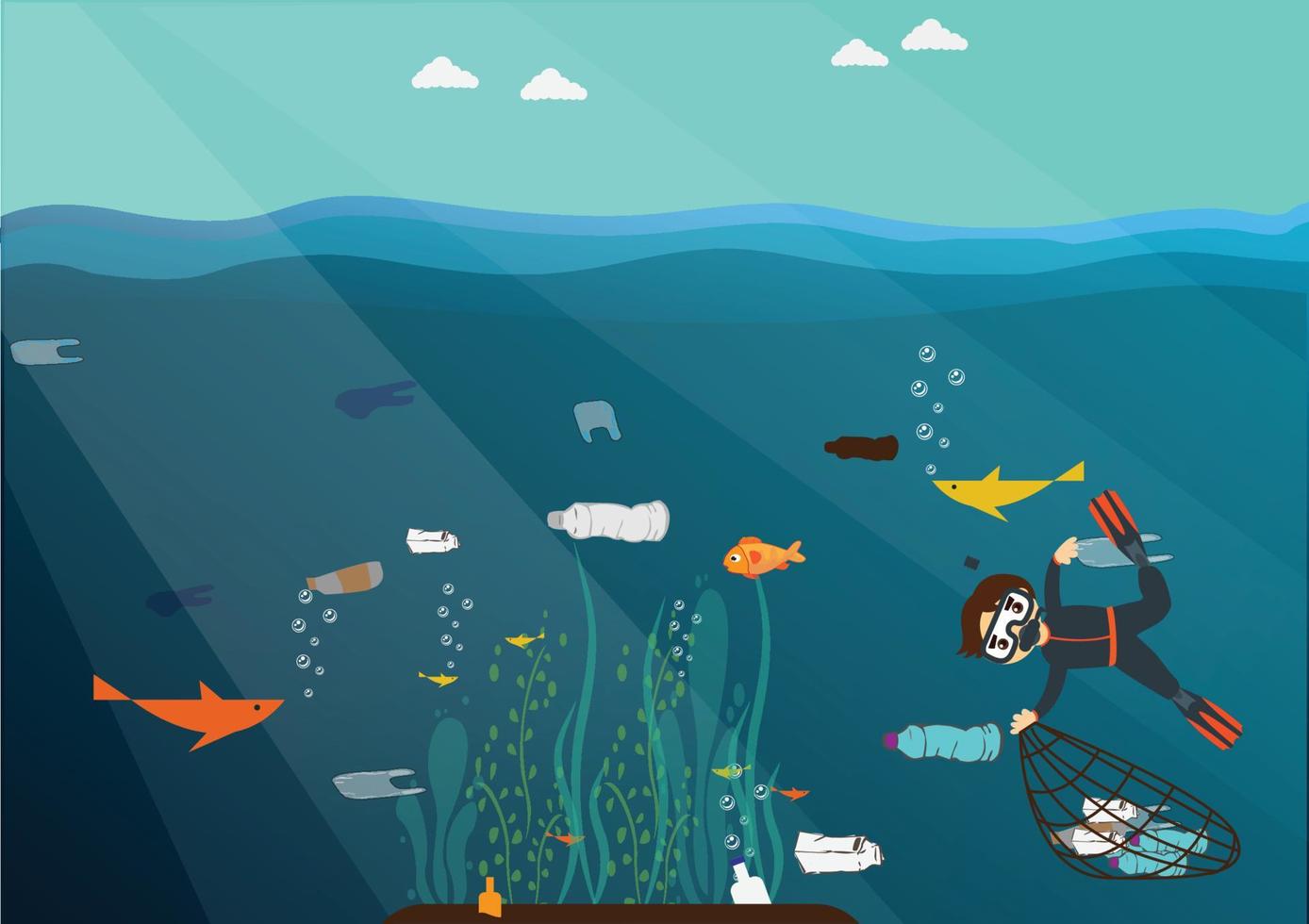 Stop plastic pollution. Reduce, Reuse, Recycle. Scuba diver cleaning plastic trash from ocean. vector illustration.