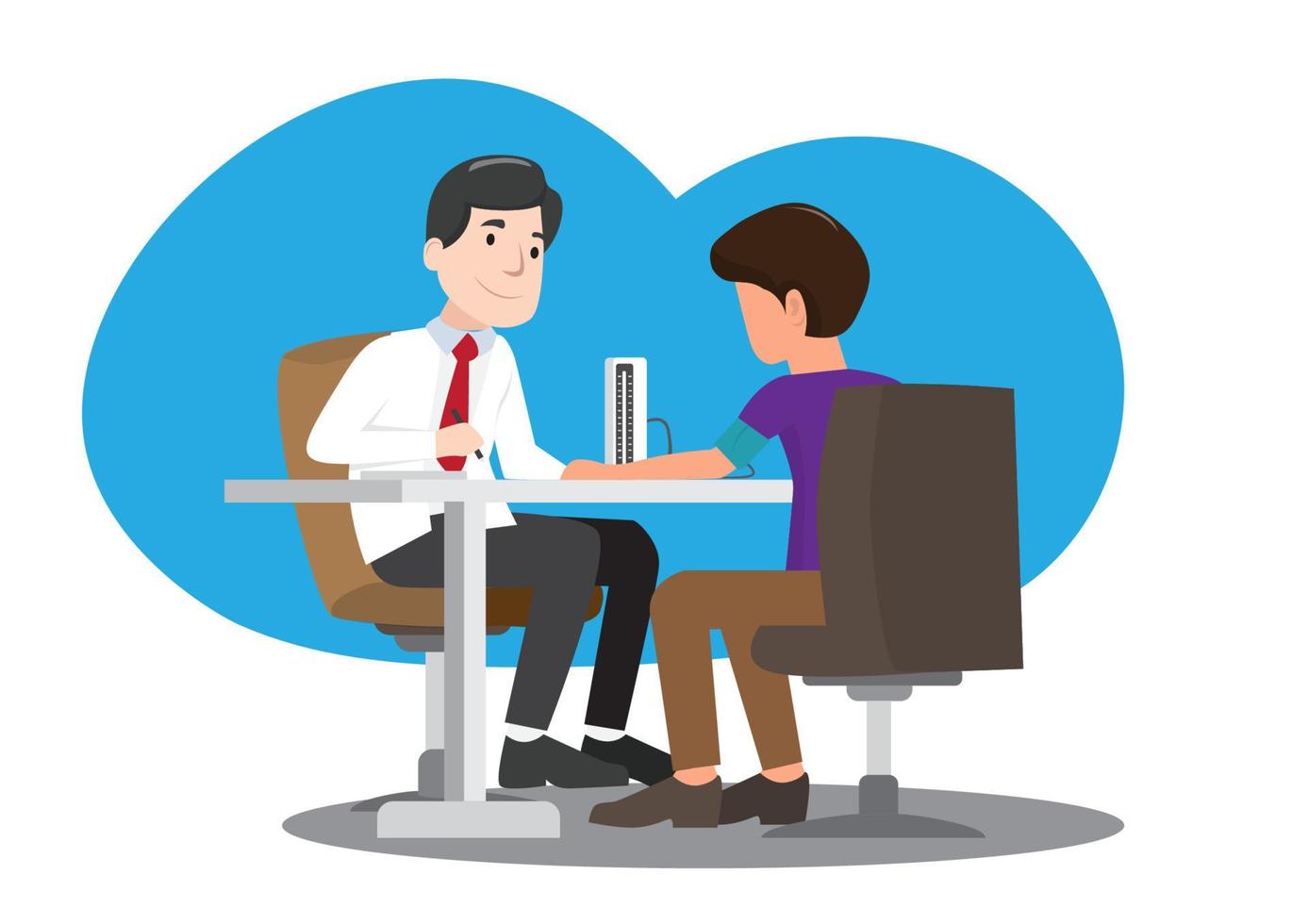 a patient in a doctor's office A patient measures his blood pressure while a doctor is diagnosing diseases and conditions. flat vector cartoon illustration