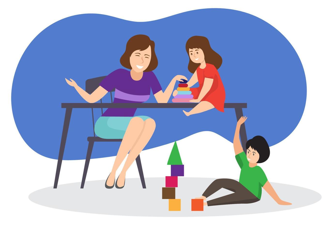 A mother teaches her daughter to place a rubber ring that is a colorful toy. And the boy sits with square cubes to practice observation. flat style cartoon vector illustration